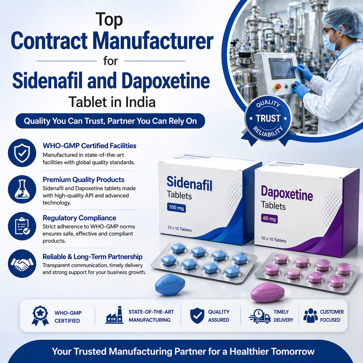 Top Contract Manufacturer for Sidenafil and Dapoxetine Tablet in India
